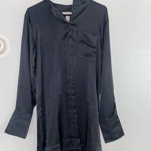 Satin button down, navy, high to low